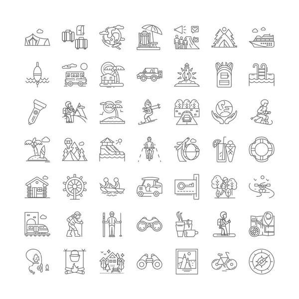 Iconos lineales de viaje, signos, símbolos vector línea ilustración conjunto — Archivo Imágenes Vectoriales