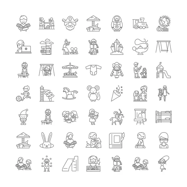 Serie di icone lineari, segni, simboli della linea vettoriale della scuola materna — Vettoriale Stock