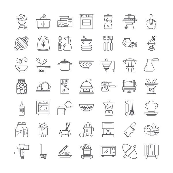 Kitchen interior linear icons, signs, symbols vector line illustration set — Stock Vector