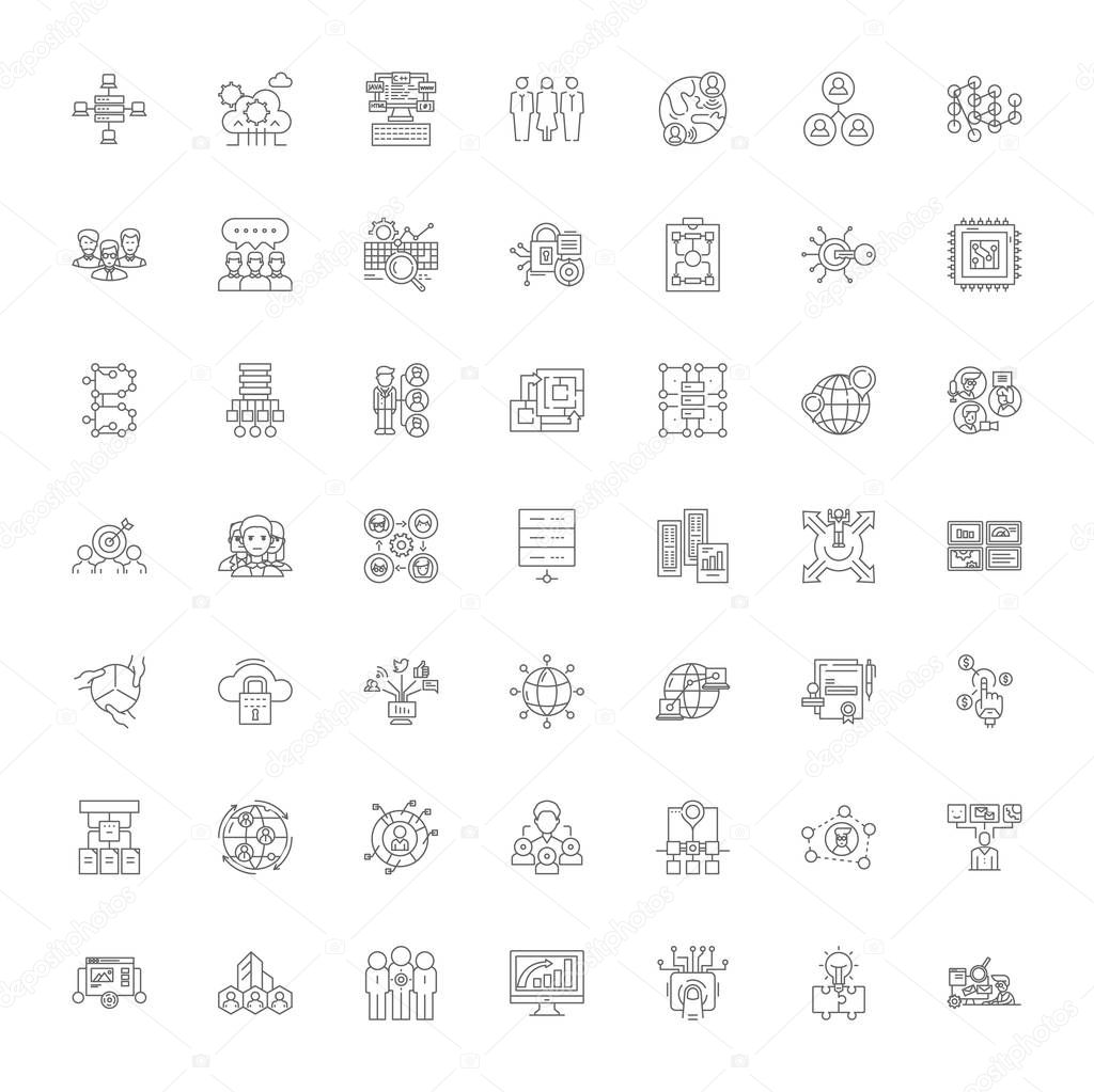 Distribution workflow linear icons, signs, symbols vector line illustration set