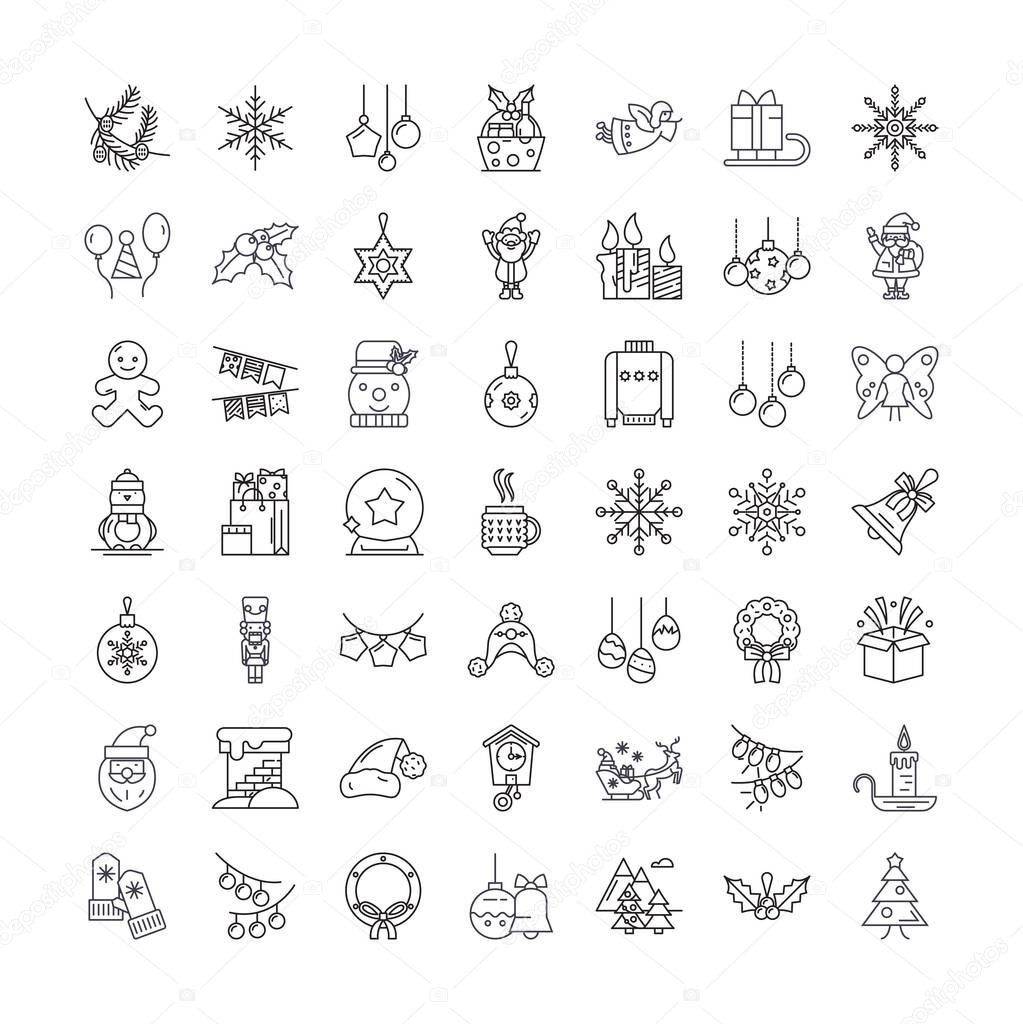 Happy new year celebration linear icons, signs, symbols vector line illustration set