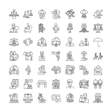 Hukuk firması doğrusal simgeler, işaretler, semboller vektör çizgisi çizimi
