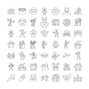 Parti insanları doğrusal simgeler, işaretler, semboller vektör çizgisi çizimi