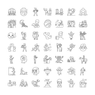 İnsanlar yaşam tarzı doğrusal simgeler, işaretler, semboller vektör çizgisi çizimi