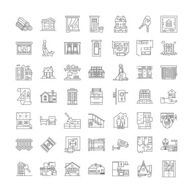 Gayrimenkul geliştirme doğrusal simgeleri, işaretler, semboller vektör çizgisi çizimi