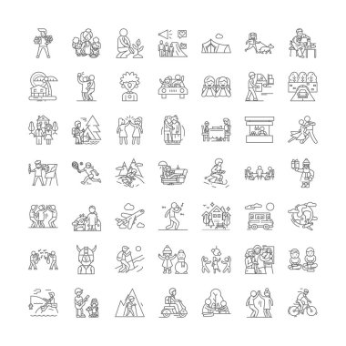Eğlence tatili doğrusal simgeleri, işaretler, semboller vektör çizgisi çizimi