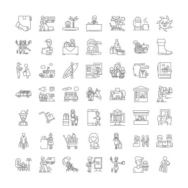 Alışveriş simgeleri, işaretler, semboller vektör çizgisi çizimi
