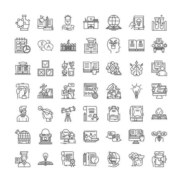 Studying linear icons, signs, symbols vector line illustration set