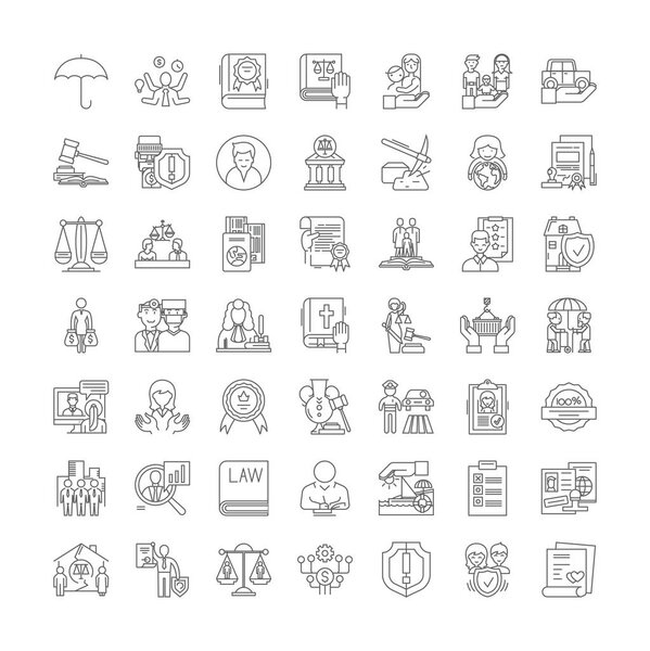 Jurisprudence linear icons, signs, symbols vector line illustration set