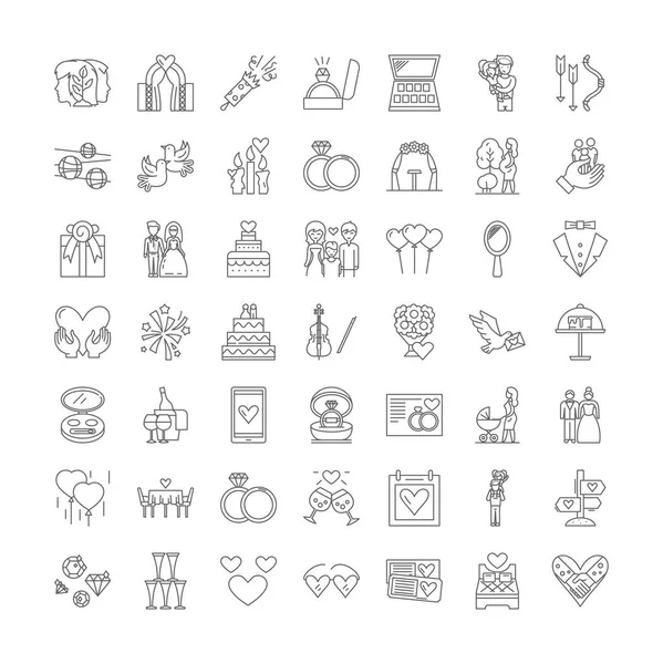 Matrimonio iconos lineales, signos, símbolos vector línea ilustración conjunto — Archivo Imágenes Vectoriales