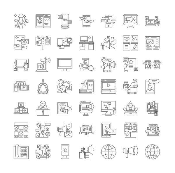 Relações de mídia ícones lineares, sinais, símbolos conjunto de ilustração de linha vetorial —  Vetores de Stock