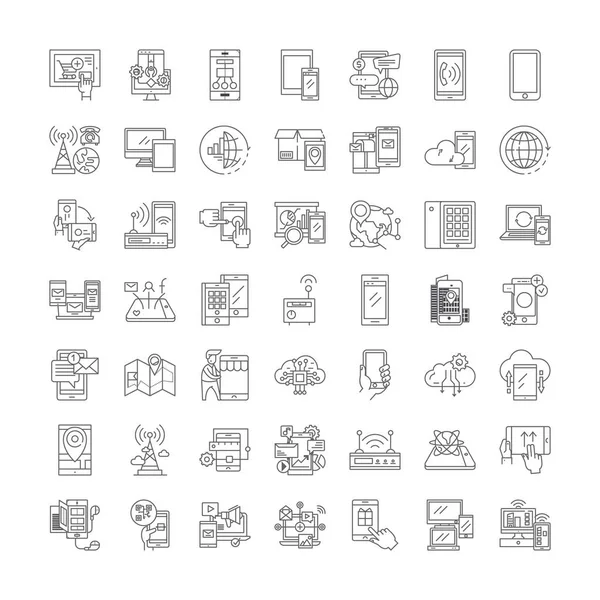 Tecnología móvil iconos lineales, signos, símbolos vector línea ilustración conjunto — Archivo Imágenes Vectoriales