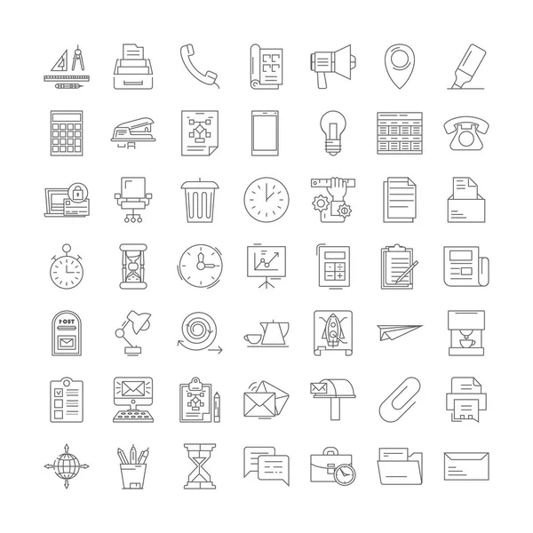 Lineare Symbole für Büroarbeitsplätze, Zeichen, Symbole Vektorzeilenillustration Set — Stockvektor