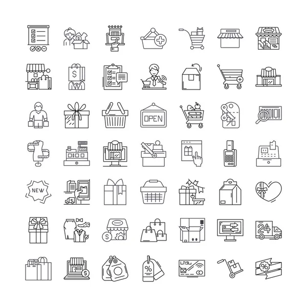 Web de compras iconos lineales, signos, símbolos vector línea ilustración conjunto — Vector de stock