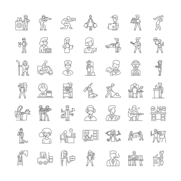 Profesiones y puestos de trabajo iconos lineales, signos, símbolos vector línea ilustración conjunto — Archivo Imágenes Vectoriales