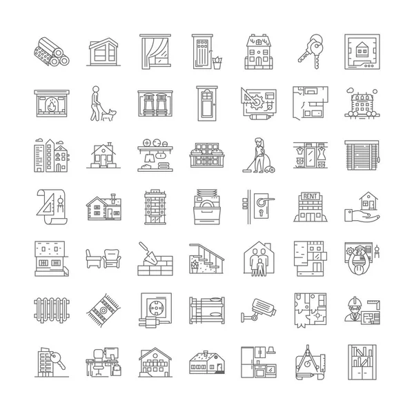 Desarrollo inmobiliario iconos lineales, signos, símbolos vector línea ilustración conjunto — Archivo Imágenes Vectoriales