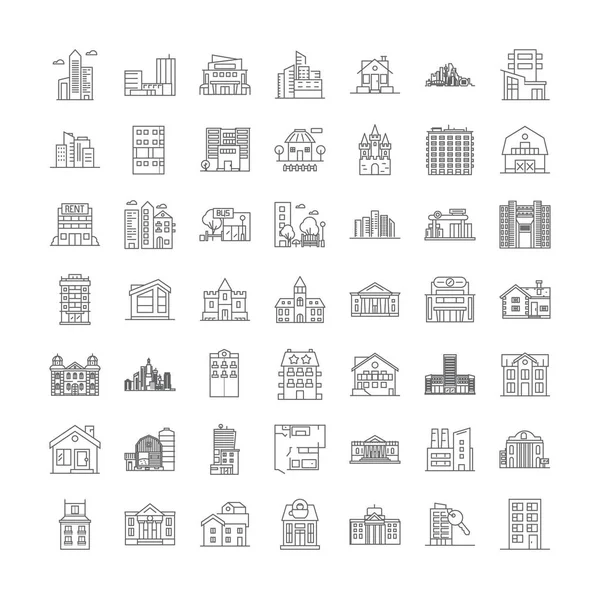 Agence immobilière icônes linéaires, signes, symboles vectoriel ligne illustration ensemble — Image vectorielle