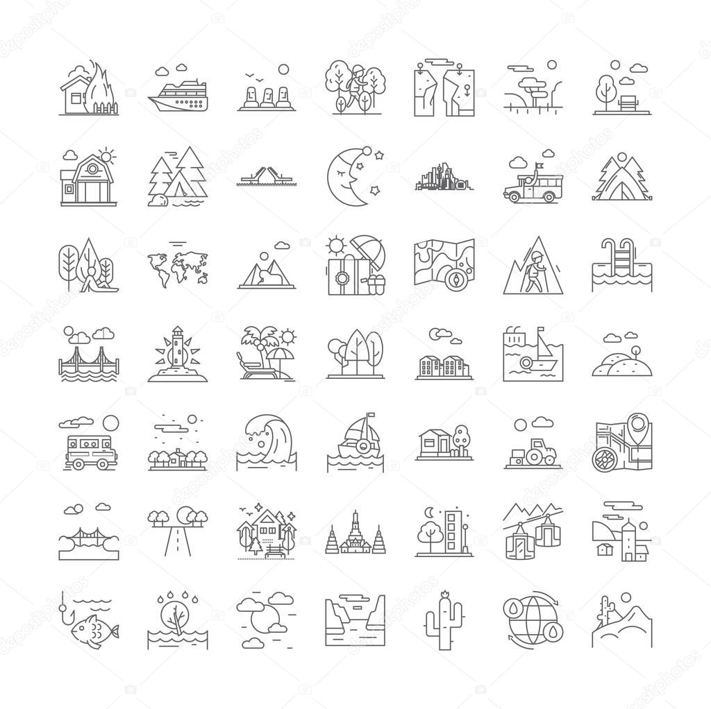Landscapes design linear icons, signs, symbols vector line illustration set