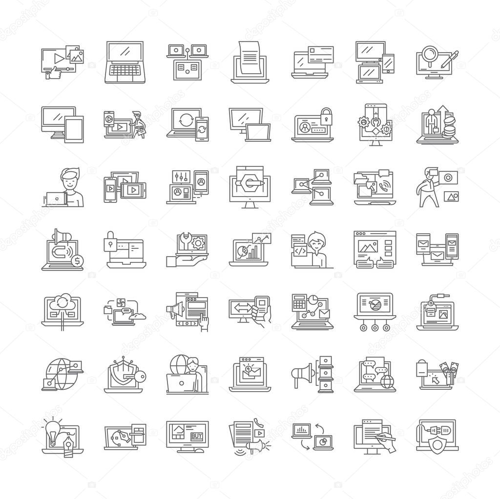 Laptop computer linear icons, signs, symbols vector line illustration set