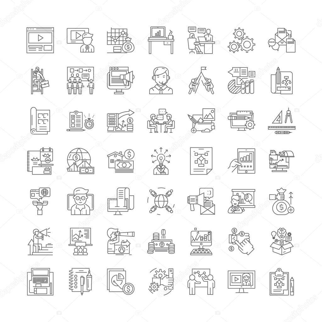 Learning organization linear icons, signs, symbols vector line illustration set
