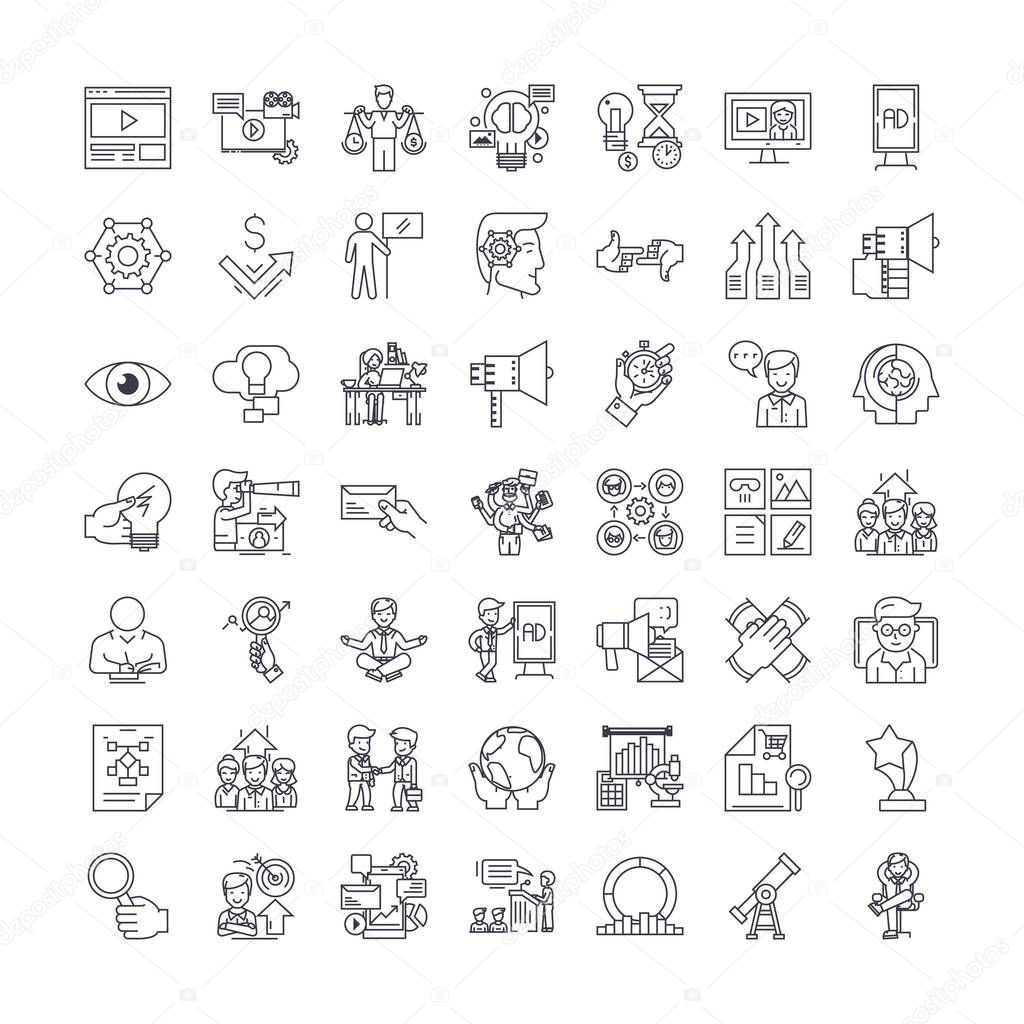 Marketing and sales linear icons, signs, symbols vector line illustration set