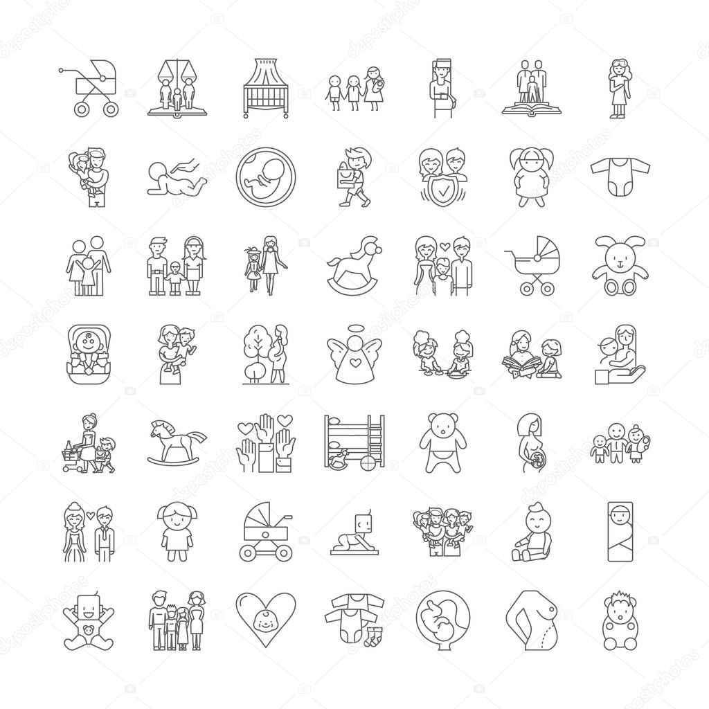 Motherhood linear icons, signs, symbols vector line illustration set