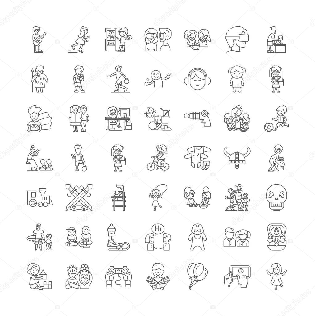 Playing kids line icons, signs, symbols vector, linear illustration set