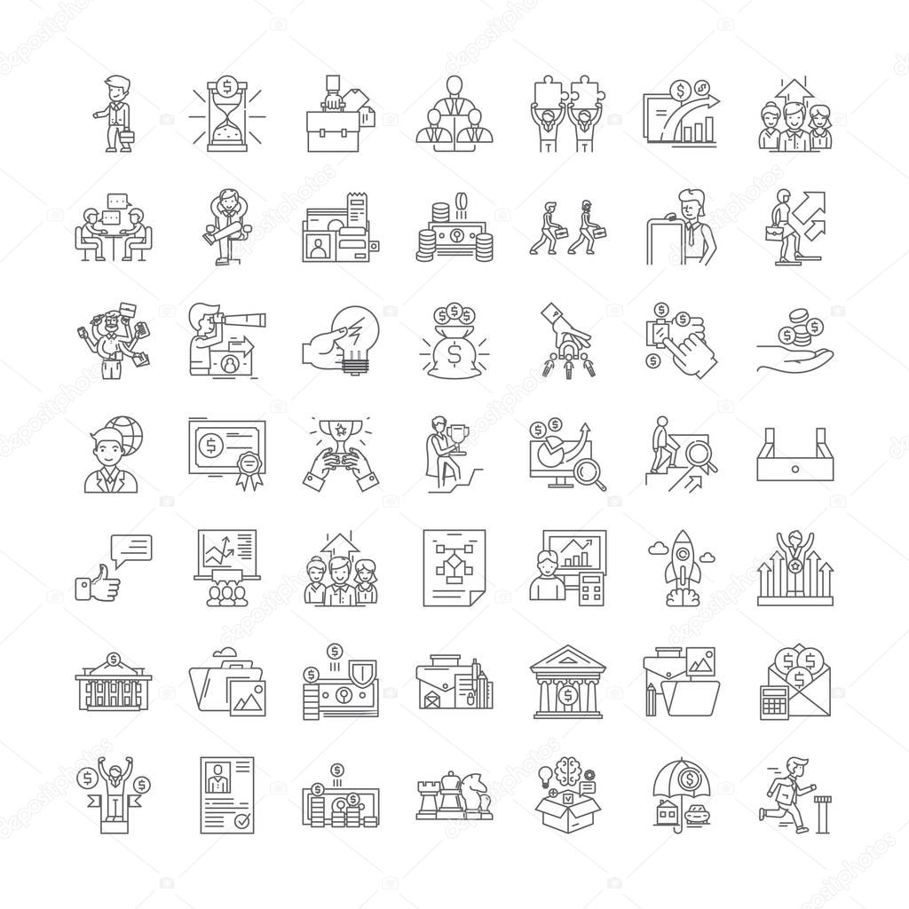 Publicity linear icons, signs, symbols vector line illustration set