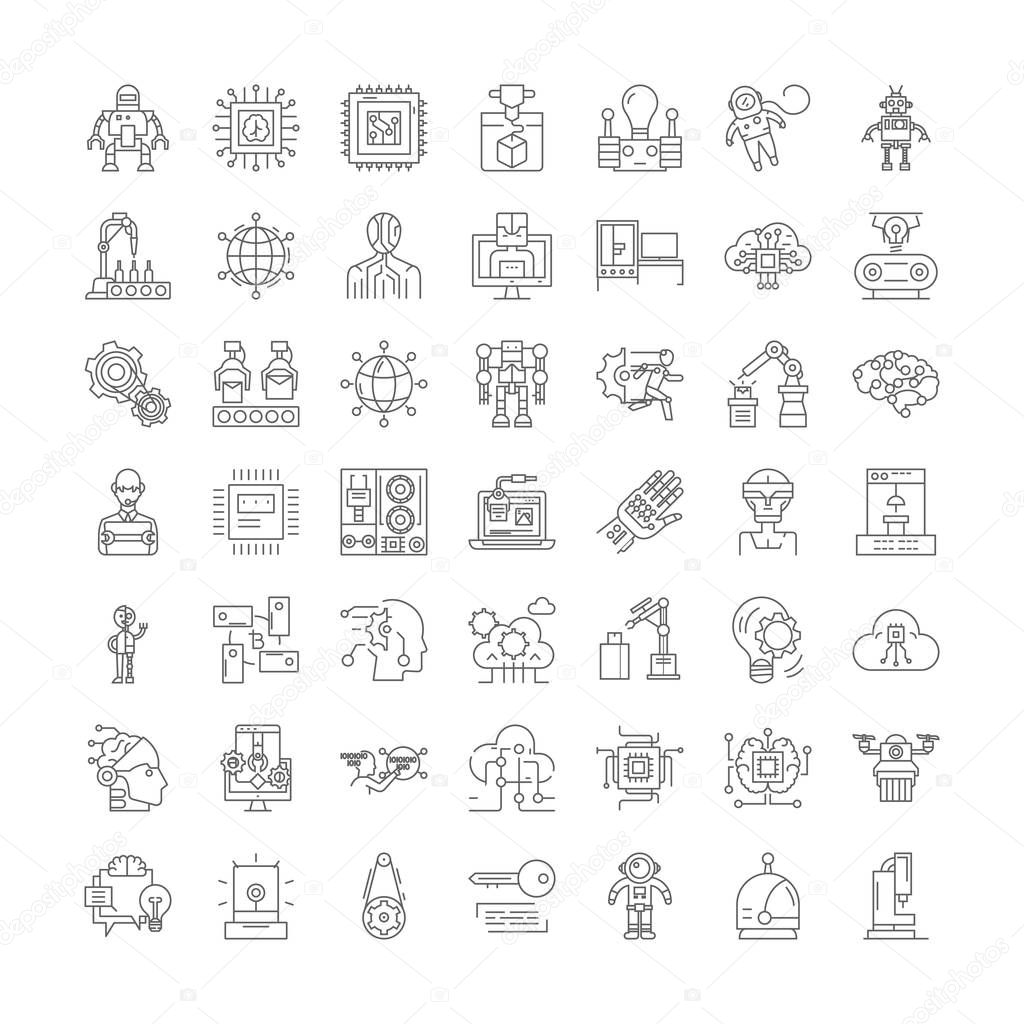 Robotics engineering linear icons, signs, symbols vector line illustration set