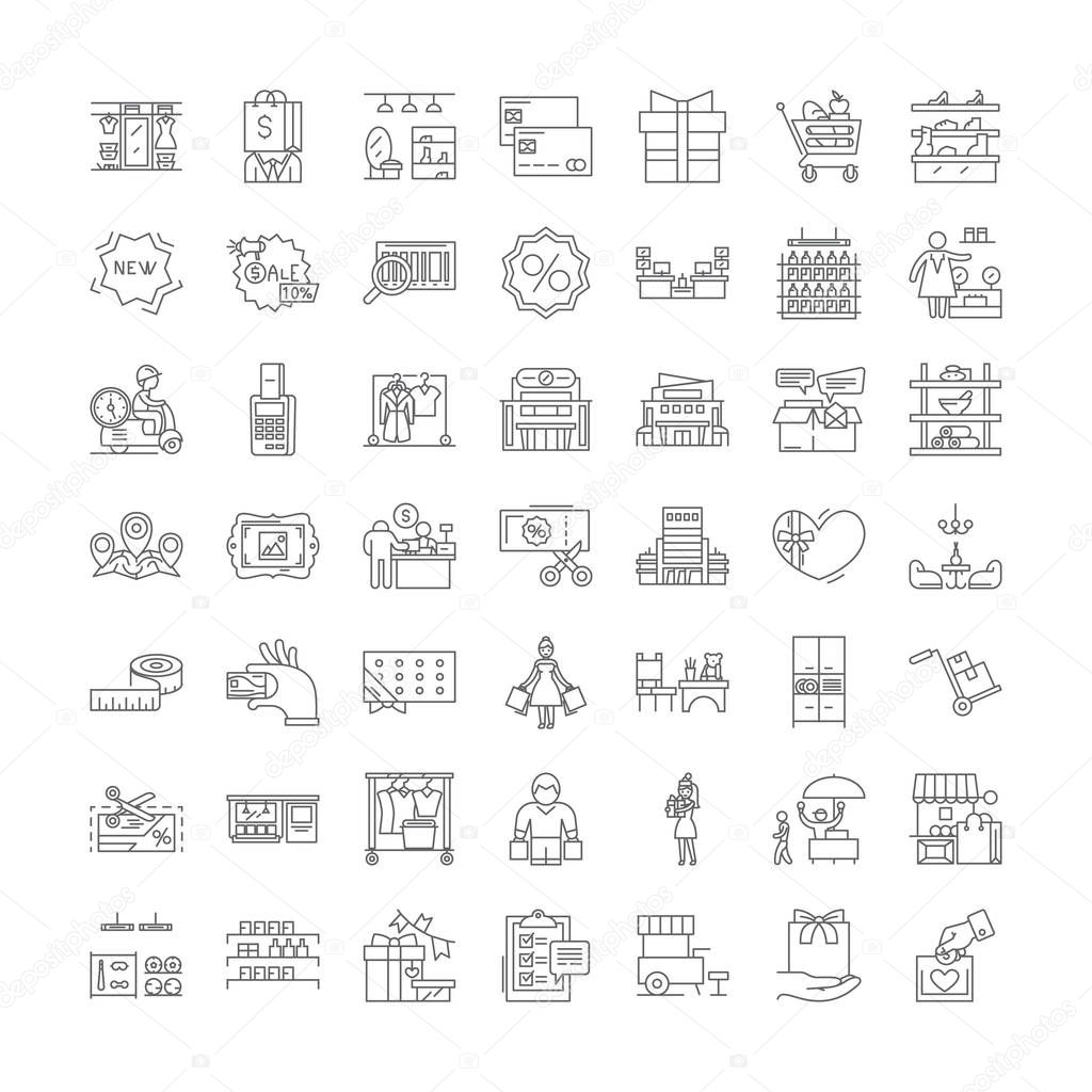 Shopping mall linear icons, signs, symbols vector line illustration set