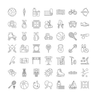 Spor ekipmanları doğrusal simgeler, işaretler, semboller vektör çizgisi çizimi