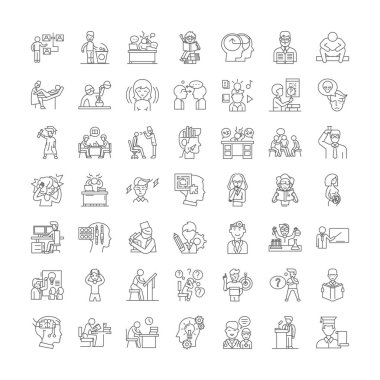 İnsanların doğrusal simgeler, işaretler, semboller vektör çizgisi çizimi