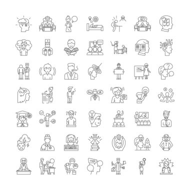 Beyin fırtınası doğrusal simgeleri, işaretler, semboller vektör çizgisi çizimi