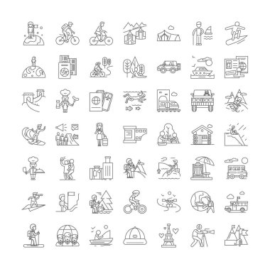 Seyahat eden aile doğrusal simgeleri, işaretler, semboller vektör çizgisi çizimi