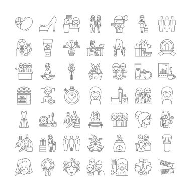 Kadın iş doğrusal simgeleri, işaretler, semboller vektör çizgisi çizimi