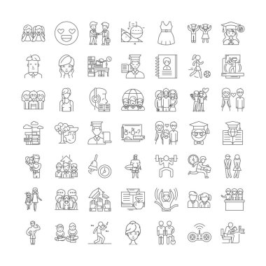 Gençler doğrusal simgeleri, işaretleri, sembolleri gruplandırma vektör çizgisi çizimi