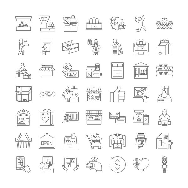 Retail linear icons, signs, symbols vector line illustration set