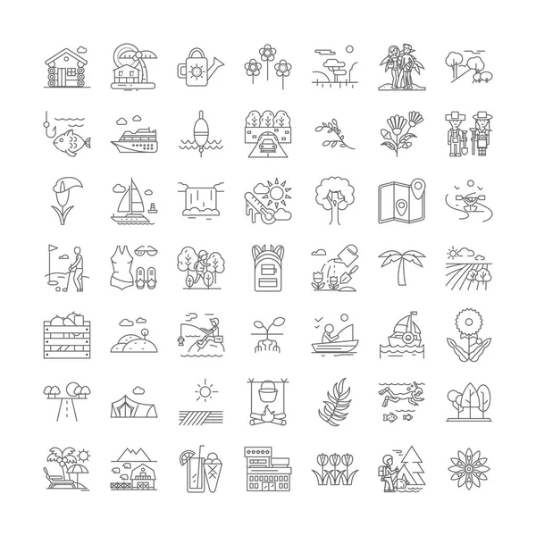 Vacaciones de verano iconos lineales, signos, símbolos vector línea ilustración conjunto — Archivo Imágenes Vectoriales