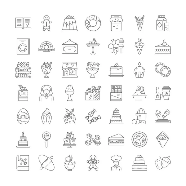 Dulces, dulces iconos lineales, signos, símbolos vector línea ilustración conjunto — Archivo Imágenes Vectoriales