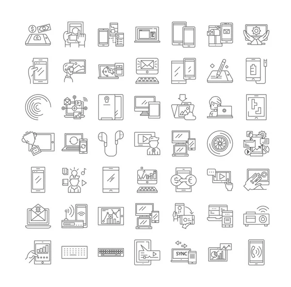 Tableta iconos lineales, signos, símbolos vector línea ilustración conjunto — Vector de stock