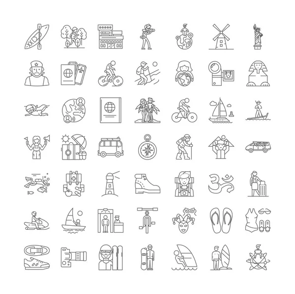 Persone in viaggio icone lineari, segni, simboli set illustrazione linea vettoriale — Vettoriale Stock