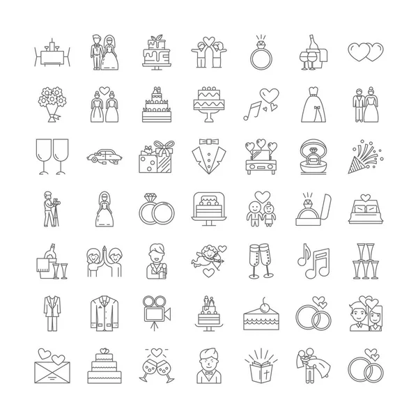 Iconos lineales de boda, signos, símbolos vector línea ilustración conjunto — Archivo Imágenes Vectoriales