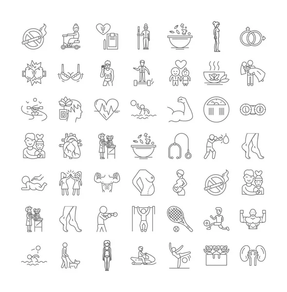 Wellness lineáris ikonok, jelek, szimbólumok vektorvonal illusztrációs készlet — Stock Vector