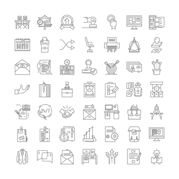 Lugar de trabajo iconos lineales, signos, símbolos vector línea ilustración conjunto — Vector de stock