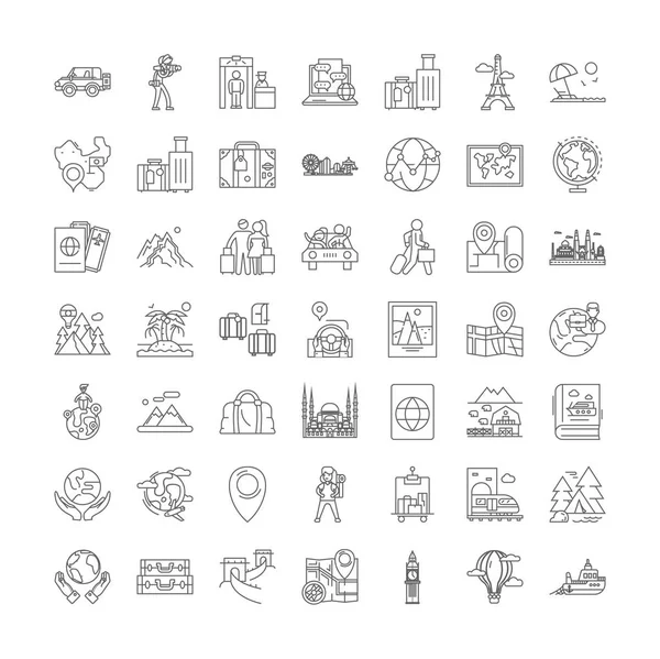 Weltreisende lineare Symbole, Zeichen, Symbole Vektorlinie Illustrationsset — Stockvektor
