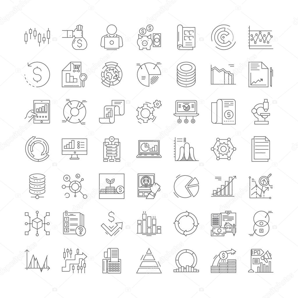 Economics science linear icons, signs, symbols vector line illustration set