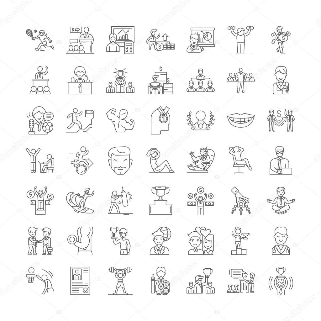Successful people linear icons, signs, symbols vector line illustration set