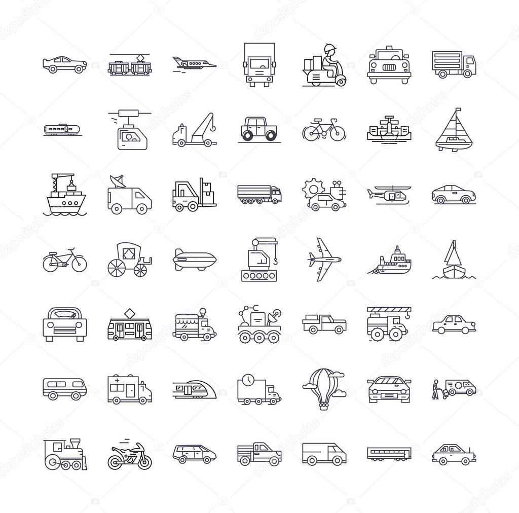 Transport linear icons, signs, symbols vector line illustration set