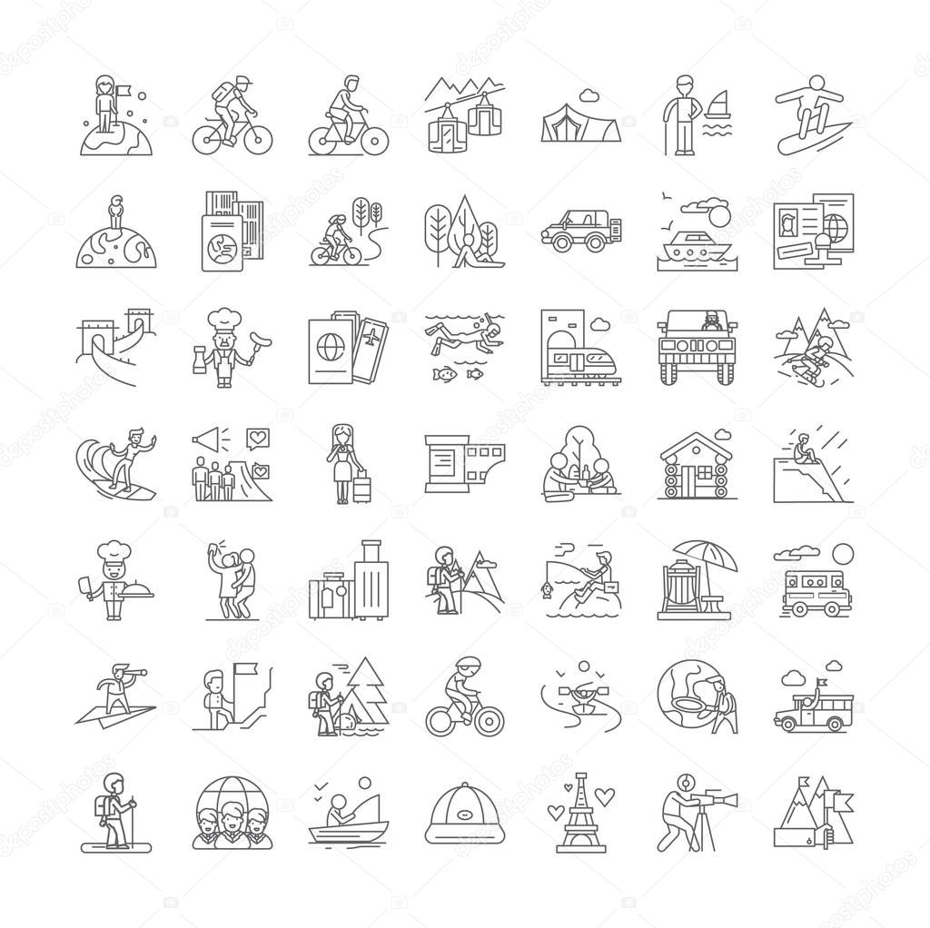 Traveling family linear icons, signs, symbols vector line illustration set