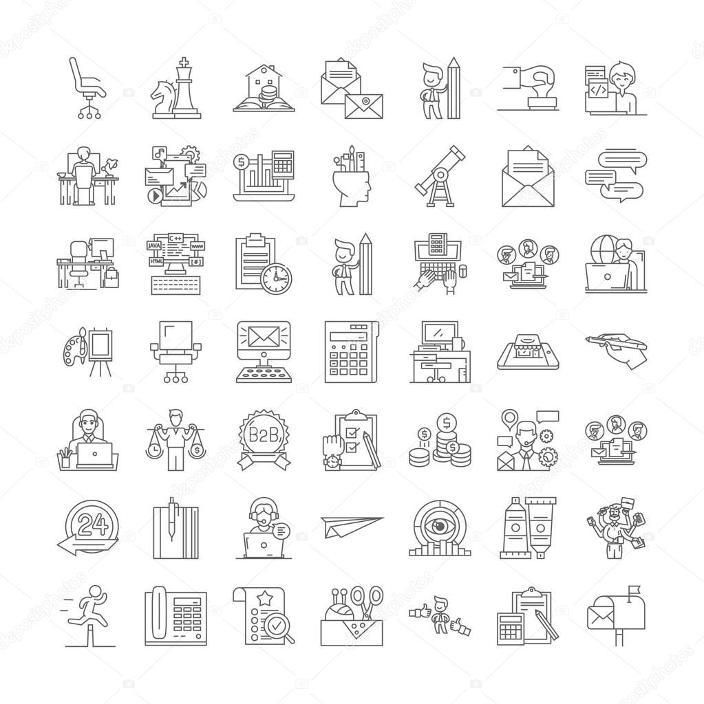 Freelancer linear icons, signs, symbols vector line illustration set